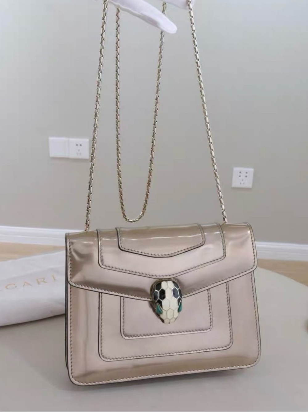 🚩steal Bulgari Metallic Champagne Shoulder Bag with Snakehead Clasp